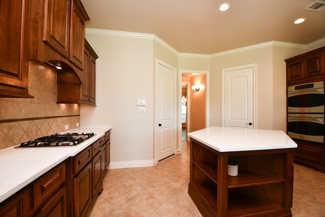 8706 Stowe Creek Ln, Missouri City, TX 77459 - kitchen featuring double oven, gas stovetop, open shelves, tasteful backsplash, and light countertops