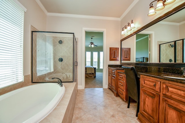 8706 Stowe Creek Ln, Missouri City, TX 77459 - ensuite bathroom with a bath, vanity, a ceiling fan, crown molding, and tiled shower