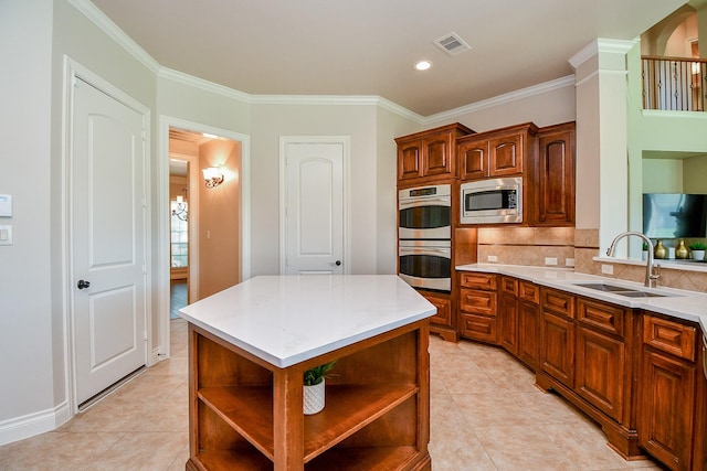 8706 Stowe Creek Ln, Missouri City, TX 77459 - kitchen featuring open shelves, appliances with stainless steel finishes, crown molding, decorative backsplash, and light tile patterned floors