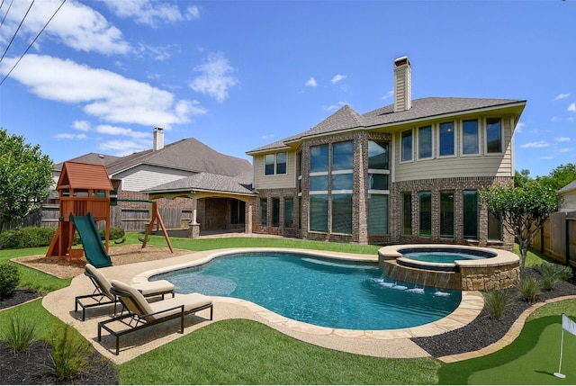 8706 Stowe Creek Ln, Missouri City, TX 77459 - view of pool featuring a playground, a fenced backyard, a patio, and an area to practice putting
