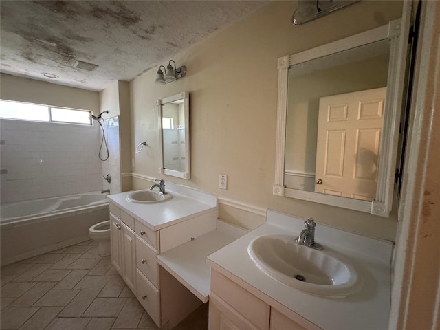 3 Ridgeline Ct, The Woodlands, TX 77381 - bathroom with vanity, bathtub / shower combination, tile patterned flooring, and a textured ceiling