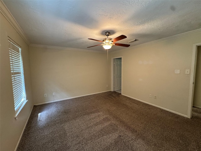 3 Ridgeline Ct, The Woodlands, TX 77381 - unfurnished room with healthy amount of natural light, ceiling fan, a textured ceiling, carpet floors, and crown molding