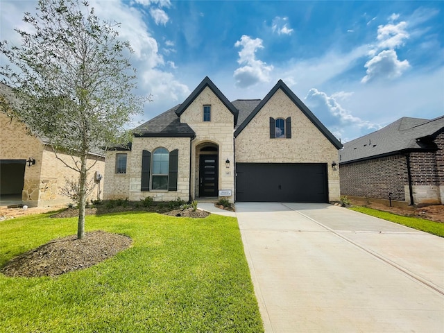 669 Cape Capri Dr, Katy, TX 77493 - french country inspired facade with concrete driveway, a front lawn, brick siding, stone siding, and a shingled roof