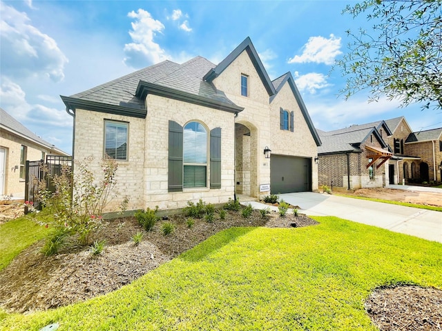 669 Cape Capri Dr, Katy, TX 77493 - french provincial home featuring driveway, an attached garage, brick siding, and a front yard