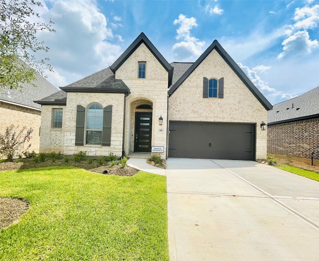 669 Cape Capri Dr, Katy, TX 77493 - french country style house featuring driveway, roof with shingles, a front lawn, stone siding, and brick siding