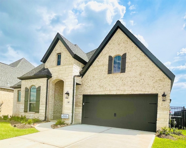669 Cape Capri Dr, Katy, TX 77493 - french country home with driveway, roof with shingles, stone siding, a garage, and brick siding