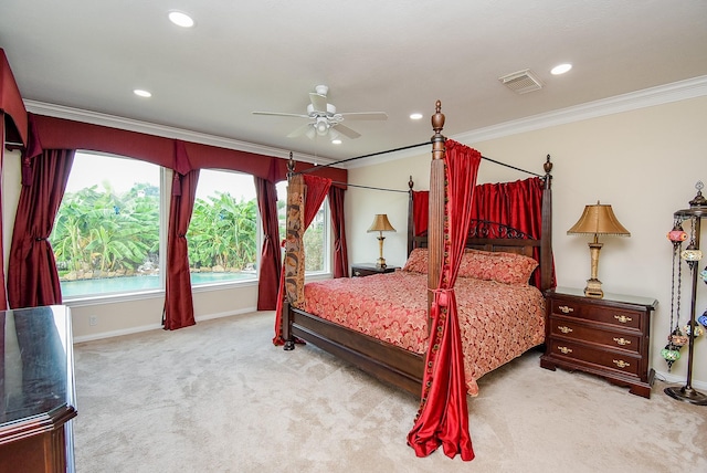 1006 Pointe Loma Dr, Sugar Land, TX 77479 - carpeted bedroom featuring crown molding, recessed lighting, and ceiling fan