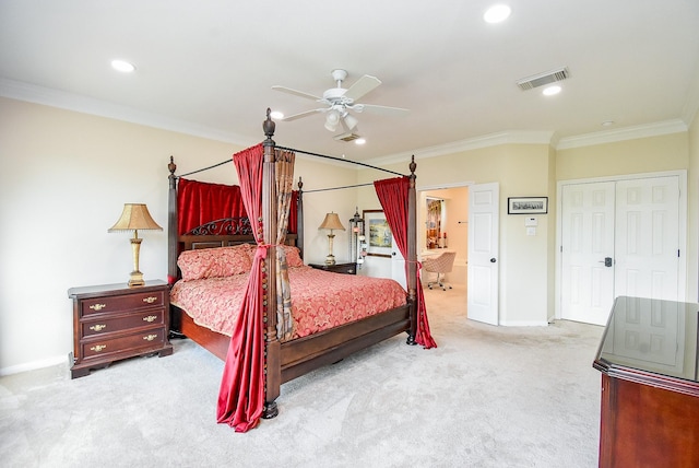 1006 Pointe Loma Dr, Sugar Land, TX 77479 - carpeted bedroom with ornamental molding, recessed lighting, ensuite bath, and ceiling fan