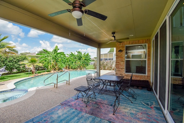 1006 Pointe Loma Dr, Sugar Land, TX 77479 - outdoor pool with ceiling fan, outdoor dining space, and a patio
