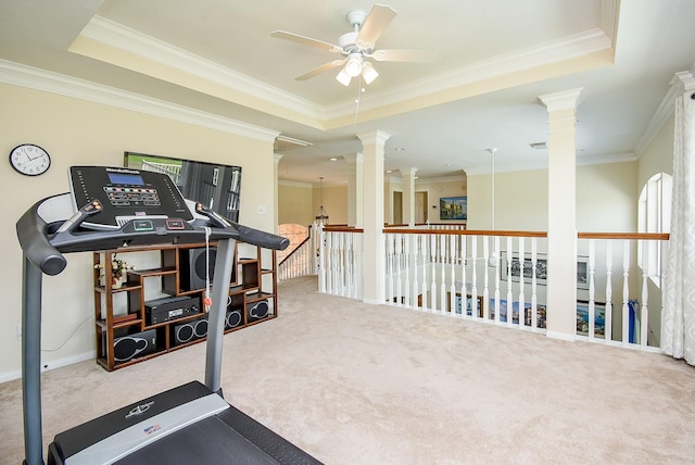 1006 Pointe Loma Dr, Sugar Land, TX 77479 - exercise area featuring decorative columns, a ceiling fan, a raised ceiling, carpet, and ornamental molding