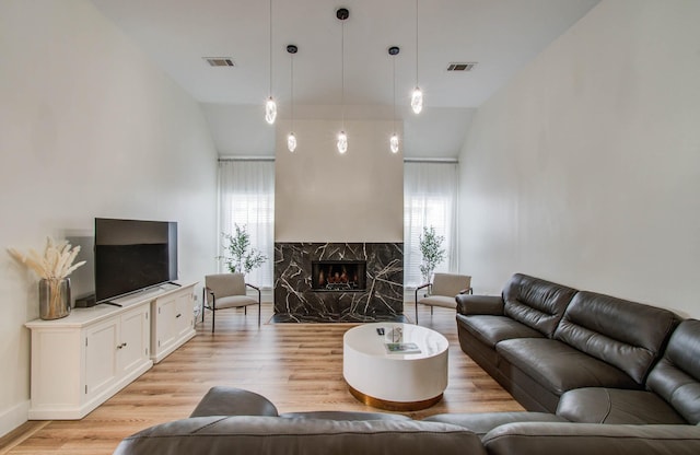4426 Innsbrook Pl, Sugar Land, TX 77479 - living area featuring light wood-type flooring, lofted ceiling, and a premium fireplace