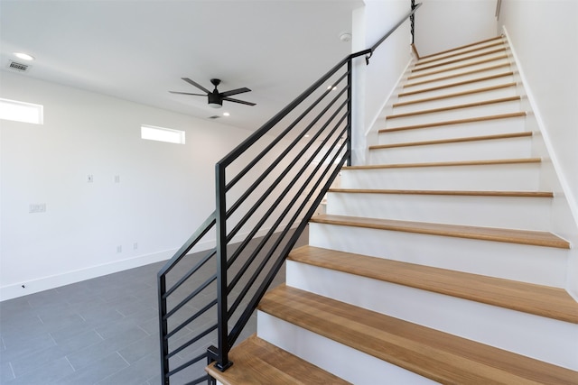 1202 Hamblen St, Houston, TX 77009 - stairway featuring ceiling fan, recessed lighting, and tile patterned flooring