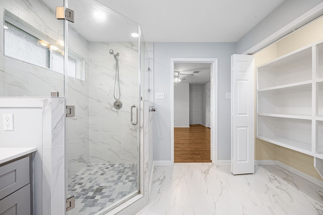 2206 Hollow Bloom Ln, Katy, TX 77494 - full bath with marble finish floors, a marble finish shower, vanity, and ceiling fan