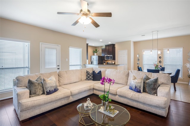 8218 Rustic Cape Dr, Cypress, TX 77433 - living area with healthy amount of natural light, ceiling fan, hardwood / wood-style flooring, and recessed lighting