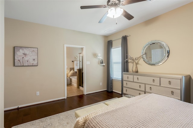8218 Rustic Cape Dr, Cypress, TX 77433 - bedroom featuring wood finished floors, connected bathroom, and a ceiling fan