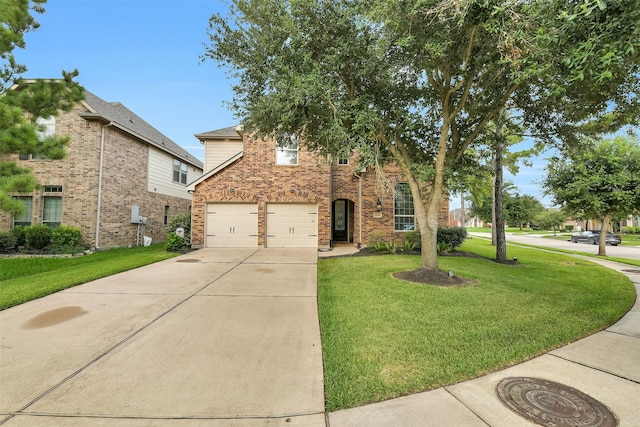 8106 Yarrow Dr, Cypress, TX 77433 - view of front of house with brick siding, a garage, driveway, and a front lawn