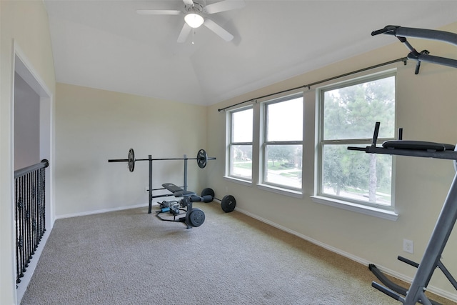 8106 Yarrow Dr, Cypress, TX 77433 - workout room featuring vaulted ceiling, carpet flooring, and a ceiling fan