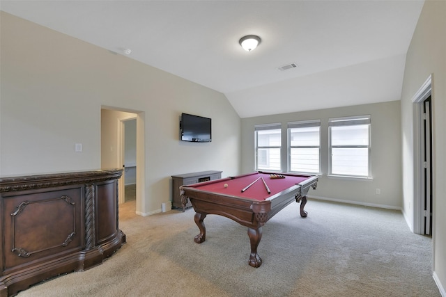 8106 Yarrow Dr, Cypress, TX 77433 - game room with vaulted ceiling, billiards, and light carpet