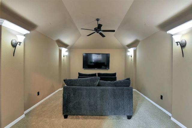 8106 Yarrow Dr, Cypress, TX 77433 - home theater room featuring carpet floors, ceiling fan, and vaulted ceiling