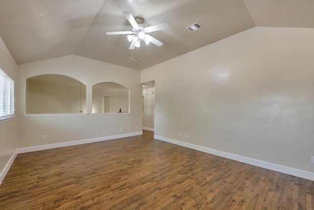 12807 Maybank Shores Ct, Houston, TX 77045 - unfurnished room featuring lofted ceiling, a ceiling fan, and wood finished floors