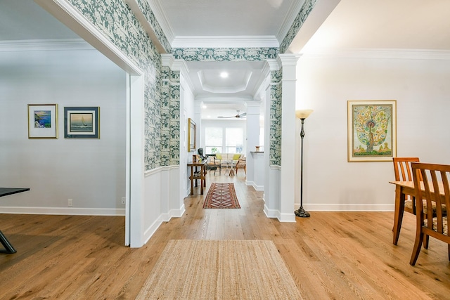 2442 Chimney Rock Rd, Houston, TX 77056 - hall featuring ornamental molding, light wood-style floors, and ornate columns