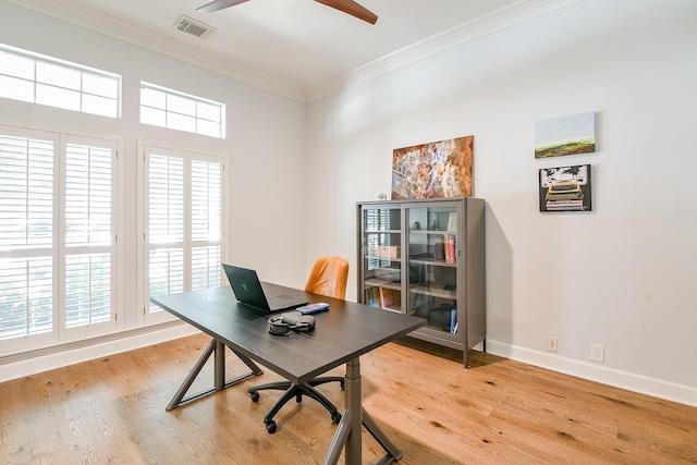 2442 Chimney Rock Rd, Houston, TX 77056 - office area with crown molding, ceiling fan, and light wood-style flooring