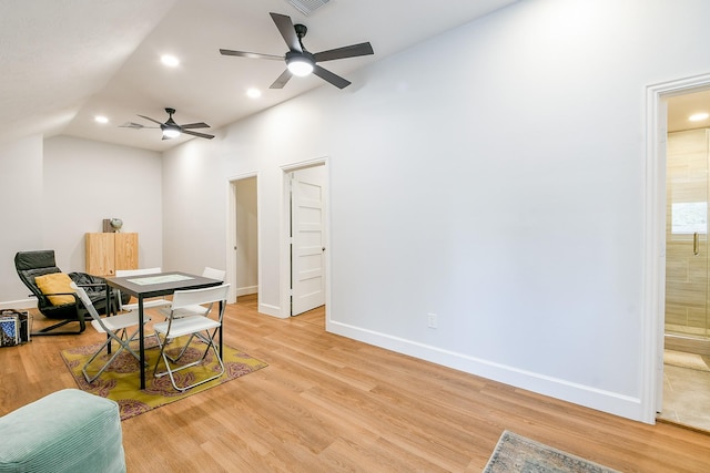 2442 Chimney Rock Rd, Houston, TX 77056 - office area featuring a ceiling fan, light wood-style floors, recessed lighting, and vaulted ceiling