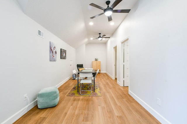 2442 Chimney Rock Rd, Houston, TX 77056 - dining room with a ceiling fan, light wood-type flooring, lofted ceiling, and recessed lighting