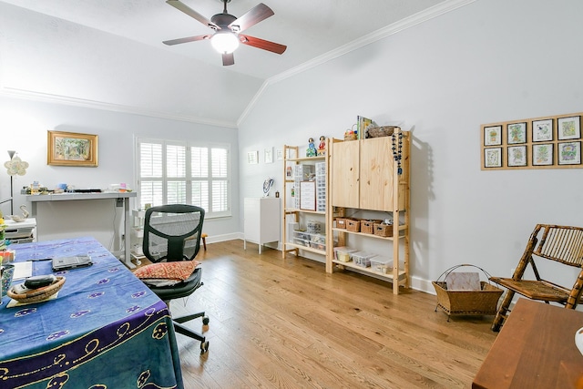 2442 Chimney Rock Rd, Houston, TX 77056 - office space with crown molding, vaulted ceiling, light wood-style floors, and ceiling fan