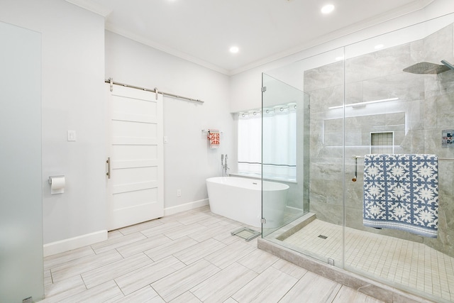 2442 Chimney Rock Rd, Houston, TX 77056 - bathroom with ornamental molding, a shower stall, a soaking tub, and recessed lighting