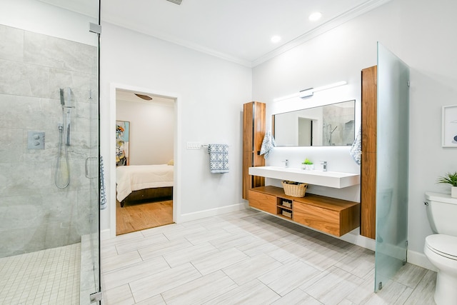 2442 Chimney Rock Rd, Houston, TX 77056 - ensuite bathroom with crown molding, a stall shower, and vanity
