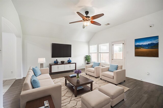 5919 Glenneyre Ln, Houston, TX 77084 - living room with wood finished floors, lofted ceiling, and ceiling fan