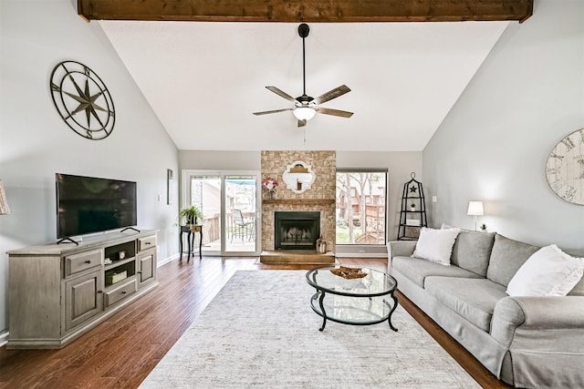 2114 Crows Nest Dr, League City, TX 77573 - living room featuring a ceiling fan, dark wood-style flooring, high vaulted ceiling, and a fireplace
