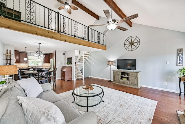 2114 Crows Nest Dr, League City, TX 77573 - living area featuring ceiling fan, high vaulted ceiling, stairway, dark wood-type flooring, and beam ceiling
