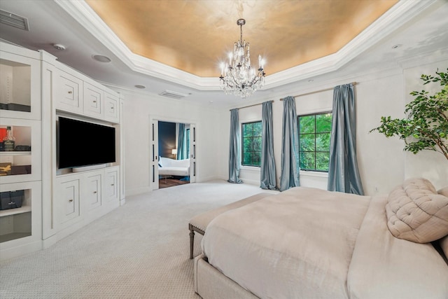 30 Hackberry Ln Unit A, Houston, TX 77027 - carpeted bedroom featuring a tray ceiling, a chandelier, and crown molding