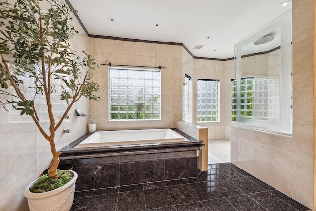 30 Hackberry Ln Unit A, Houston, TX 77027 - full bath featuring tile walls, a bath, crown molding, and granite floors