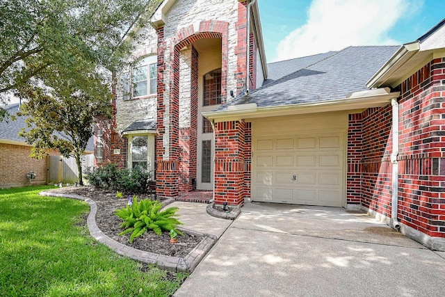 21211 Dover Park Ln, Katy, TX 77450 - view of front facade with brick siding, a garage, concrete driveway, a front lawn, and roof with shingles