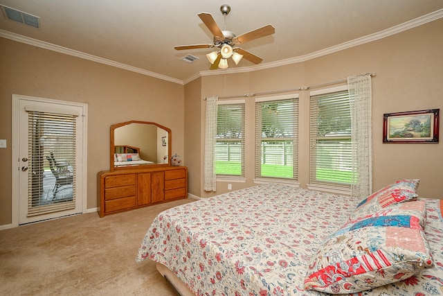 21211 Dover Park Ln, Katy, TX 77450 - carpeted bedroom featuring access to outside, multiple windows, crown molding, and ceiling fan