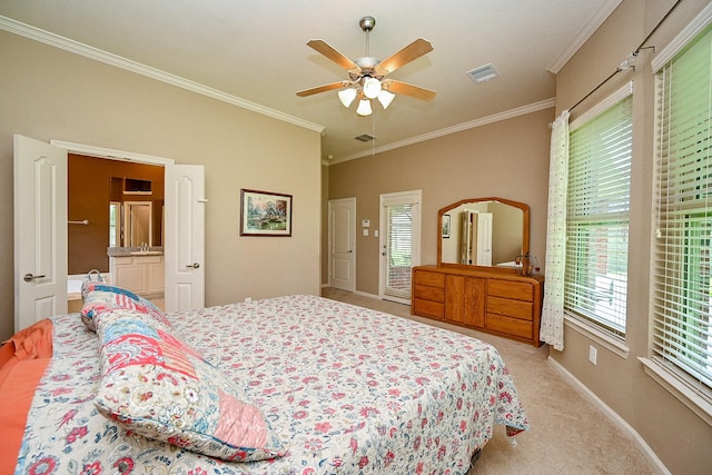 21211 Dover Park Ln, Katy, TX 77450 - bedroom with crown molding, light carpet, and a ceiling fan
