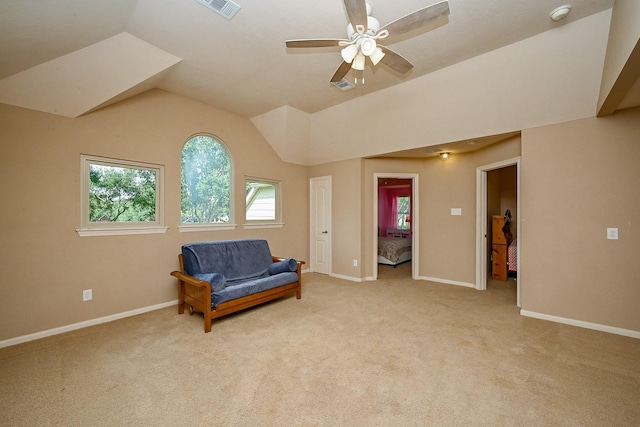 21211 Dover Park Ln, Katy, TX 77450 - living area with plenty of natural light, light carpet, a ceiling fan, and vaulted ceiling