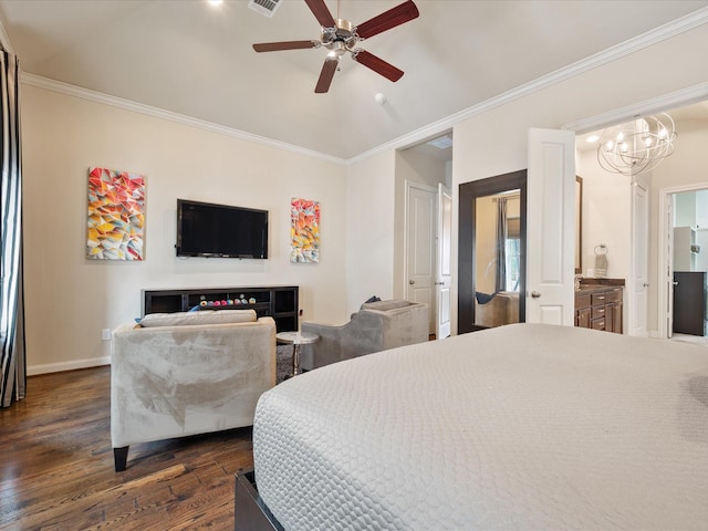 249 E 27th St, Houston, TX 77008 - bedroom with lofted ceiling, dark wood-style flooring, crown molding, ensuite bathroom, and ceiling fan