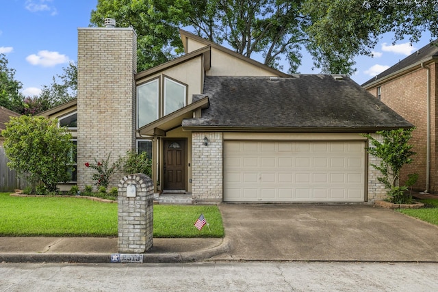 2919 Lake View Dr, Missouri City, TX 77459 - mid-century inspired home with driveway, a garage, stucco siding, a chimney, and a front lawn