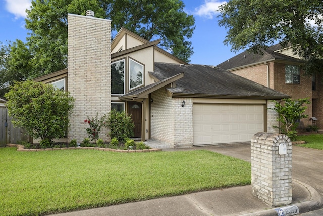 2919 Lake View Dr, Missouri City, TX 77459 - view of front of house featuring an attached garage, brick siding, a chimney, driveway, and stucco siding
