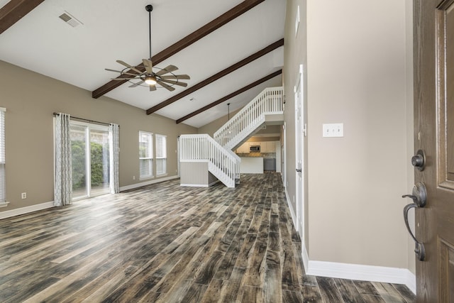 2919 Lake View Dr, Missouri City, TX 77459 - unfurnished living room featuring beamed ceiling, ceiling fan, dark wood-style flooring, and high vaulted ceiling