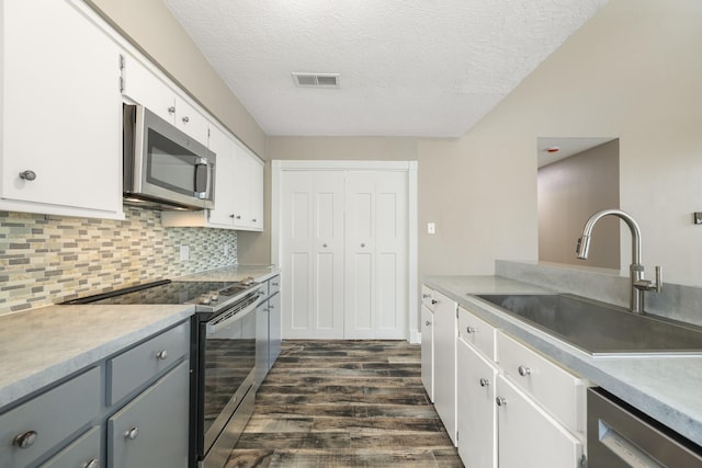 2919 Lake View Dr, Missouri City, TX 77459 - kitchen featuring appliances with stainless steel finishes, dark wood-type flooring, a textured ceiling, tasteful backsplash, and white cabinets