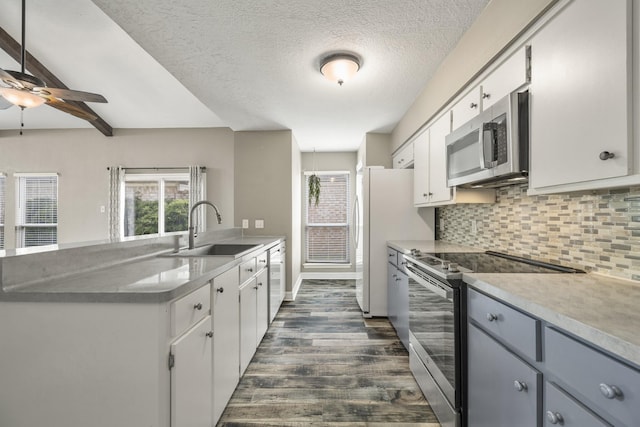 2919 Lake View Dr, Missouri City, TX 77459 - kitchen featuring stainless steel appliances, dark wood finished floors, a ceiling fan, plenty of natural light, and a textured ceiling