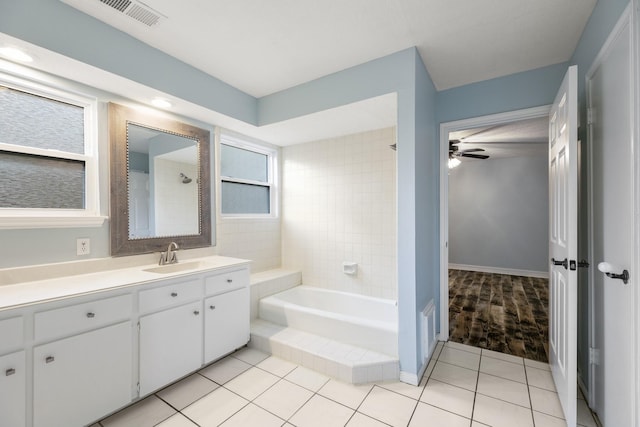 2919 Lake View Dr, Missouri City, TX 77459 - bathroom with vanity, tile patterned flooring, and ceiling fan