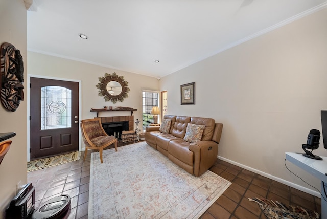 4904 Feagan St Unit 1, Houston, TX 77007 - tiled living room with ornamental molding and a tiled fireplace