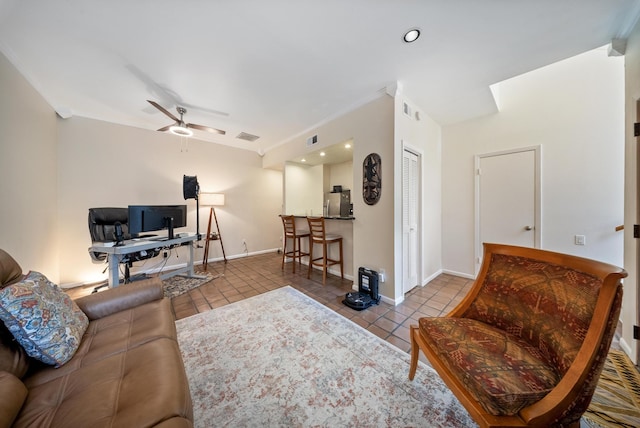 4904 Feagan St Unit 1, Houston, TX 77007 - living area featuring tile patterned floors, a desk, ceiling fan, and ornamental molding