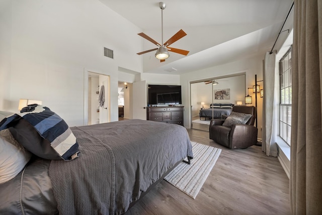 4904 Feagan St Unit 1, Houston, TX 77007 - bedroom with wood finished floors, a ceiling fan, and high vaulted ceiling